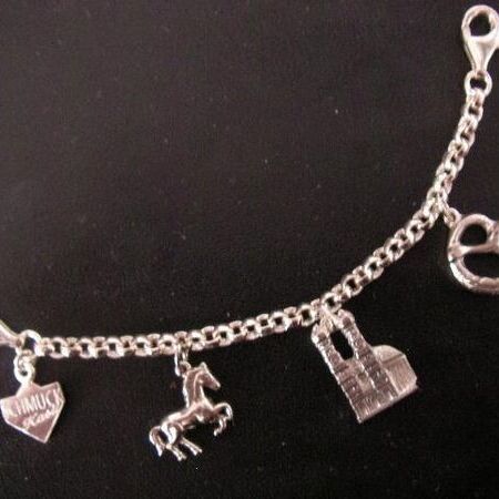 Ausgestellter Trachtenschmuck auf einem edlen Untergrund mit reichhaltigem Besatz